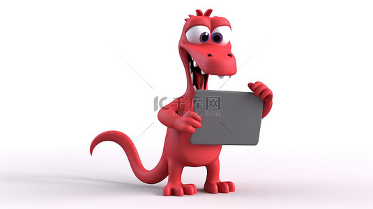搞笑的 3D 深红色恐龙，手里拿着招牌和平板电脑