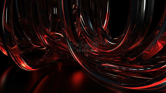 抽象艺术 3d 背景玻璃曲线管，黑色上有红色绳索