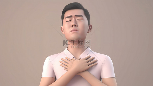 描绘了双手放在胸前的亚洲男性的成功放松自信和领导力 3D 渲染