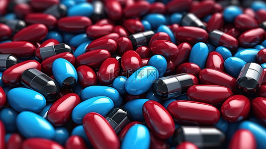 医疗背景下蓝色和红色胶囊丸的 3D 渲染，重点关注抗生素和治疗