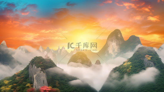 充满活力的 3D 中国风景，色彩缤纷的山脉白云和金色的阳光