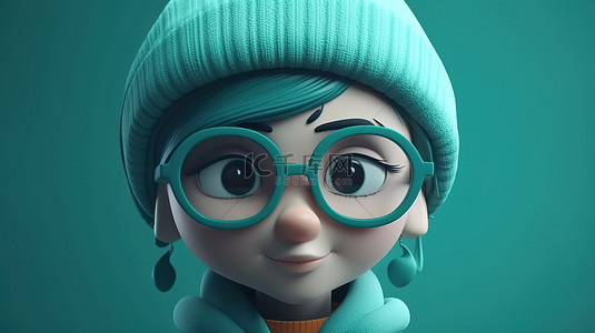 青色高领和眼镜 3D 渲染中可爱的女性角色头像