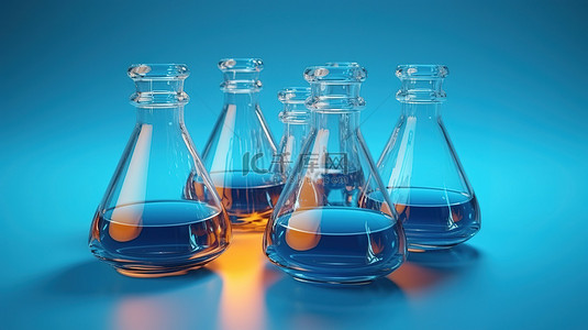 蓝色背景下实验室玻璃烧瓶中化学品的 3D 渲染