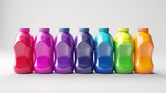 白色背景 3D 渲染中用于漂白液体洗衣粉或织物软化剂的色彩鲜艳的塑料瓶