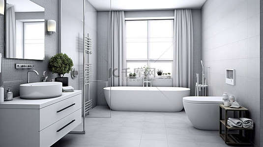 现代灰色和白色浴室配有淋浴和浴缸 3D 渲染