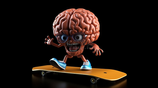 轮子上的大脑 3d 渲染的滑板角色