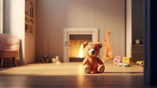 玩具熊模型在一个房间里有模拟火焰的 3D 渲染图
