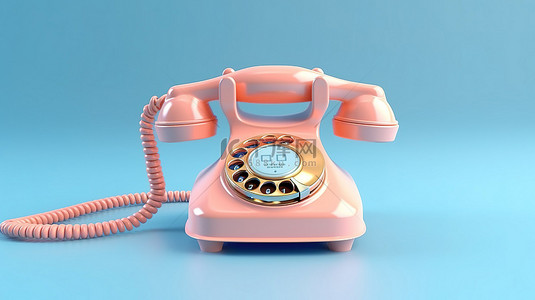 蓝色背景下复古风格粉色旋转电话的 3D 渲染