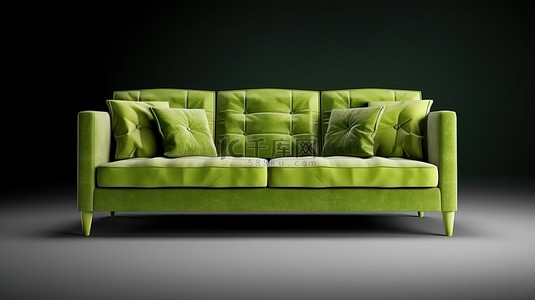 活力快闪背景图片_充满活力的绿色休息室，配有舒适的枕头，正面视图中的 3D 渲染家具