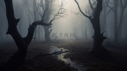 森林木背景图片_令人毛骨悚然的 3d 渲染中的怪异空旷林地