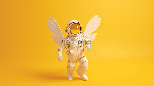 探索星空背景图片_黄色背景下带翅膀的宇航员的 3D 插图