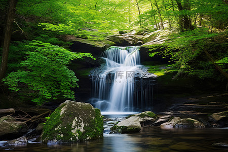瀑布瀑布背景图片_树木繁茂的地区有一个瀑布，有绿色植物