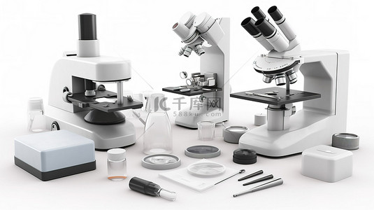 实验室工具和显微镜白色背景化学研究的 3D 渲染