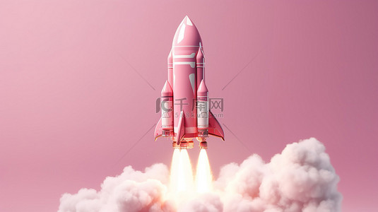 粉色飞船背景图片_向天空发射粉色火箭 3D 渲染设计