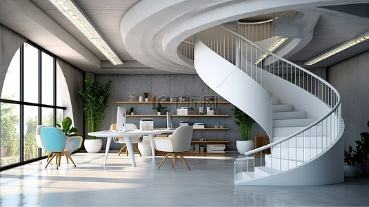 空间时尚背景图片_现代联合办公空间，配有混凝土墙时尚家具和螺旋楼梯 3D 渲染