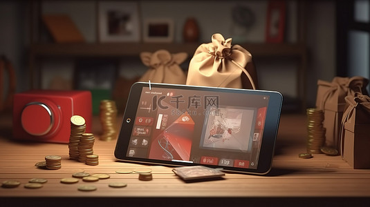 购物商城科技背景图片_移动购物概念的 3D 渲染最喜欢的物品纸袋硬币和数字平板电脑屏幕上的“立即购买”符号