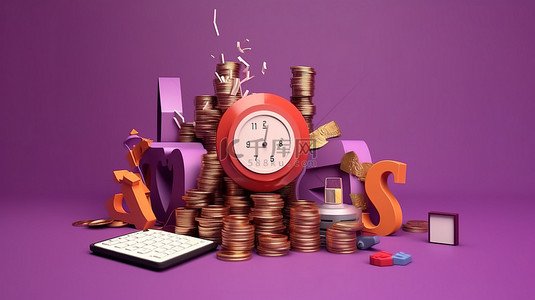 纳税和营业税概念的紫色背景插图与图硬币金钱和表格