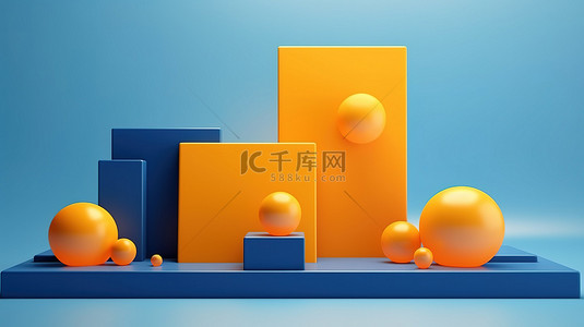 充满活力的橙色背景上的时尚几何讲台和天蓝色气泡简约 3D 渲染与抽象形状