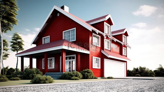 房地产插画背景图片_房地产红房子插图的 3D 渲染