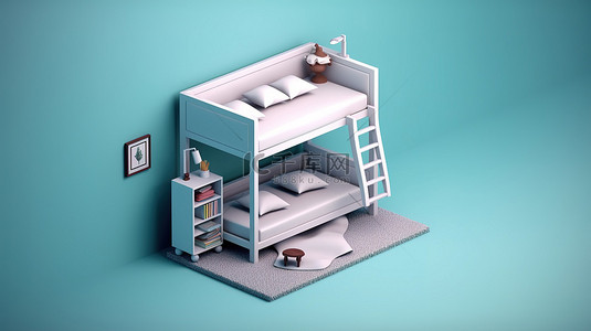 简约的等距卧室配有单色双层床和 3D 设计的落地灯