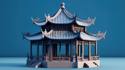 蓝色背景中孤立的 3d 插图中的中国房屋或凉亭