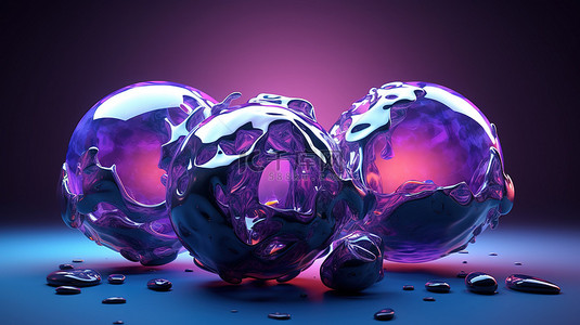 抽象紫背景图片_蓝色和紫色的三个不规则球体的抽象 3D 渲染