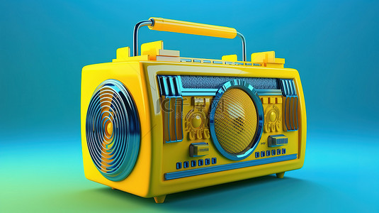 黄色背景与 3D 卡通风格蓝色收音机音乐播放器