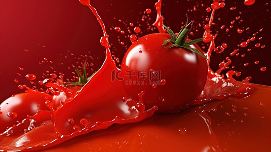 西红柿背景图片_迷人的红色背景，配有单独的番茄和飞溅的果汁番茄酱番茄酱和酱汁 3D 渲染插图