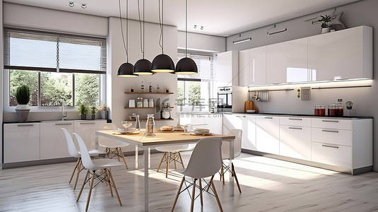 带用餐区和窗户的现代厨房的 3D 渲染