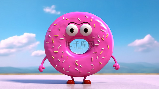 3D 插图中的卡通人物粉红色甜甜圈