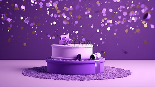 紫色氛围背景图片_充满活力的节日氛围 3D 渲染抽象紫色背景与白色讲台彩色丝带和五彩纸屑