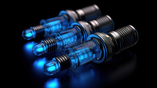黑色背景上蓝灯照亮的火花塞的 3D 插图，特写用于汽车维修零件