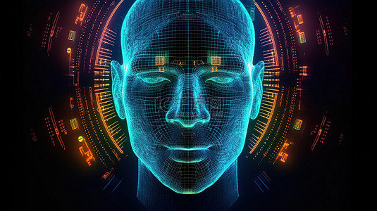 人与机器人背景图片_印度卢比货币的未来派 3D 渲染与机器人元素和抽象全息技术