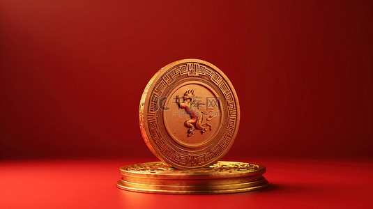 新年金币背景图片_红色背景中空横幅上一枚中国古代金币的真实 3D 插图