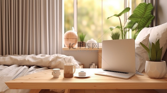 咖啡电脑简约背景图片_简约卧室，配有木桌和笔记本电脑，适合家庭工作区 3D 渲染