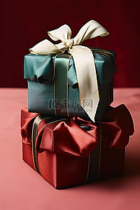 蓝绿色背景上有两个蝴蝶结的礼品盒