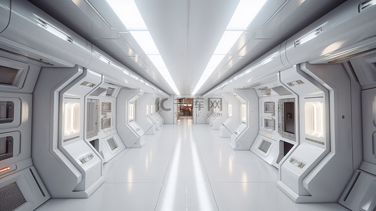 现实与未来背景图片_3d 渲染家具元素白色宇宙飞船内部与隧道走廊和走廊