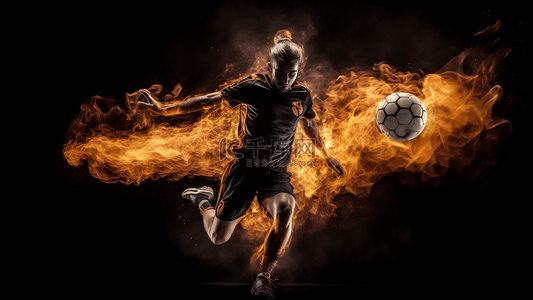 团队竞赛背景图片_足球运动员踢球动作火焰燃烧效果广告背景