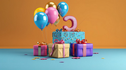 欢乐的 3 岁生日狂欢，气球彩旗和 3D 礼品盒