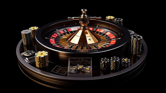 在轮盘赌桌上获得王牌 黑色背景上带有筹码和骰子的轮子的 3d 渲染