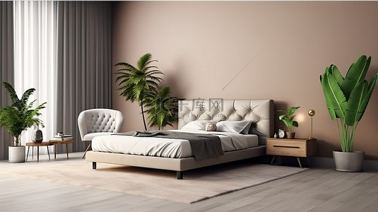 绿化背景图片_豪华卧室设计，配有宽敞的床舒适的沙发梳妆台和绿化 3D 渲染图像