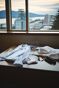 酒店房间里靠近城市景观和床的一张男士办公桌