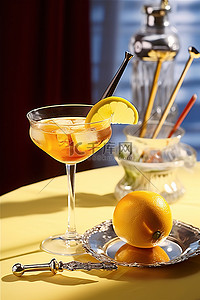 酒背景图片_桌上放着一个装满酒的鸡尾酒杯，上面放着一个柠檬