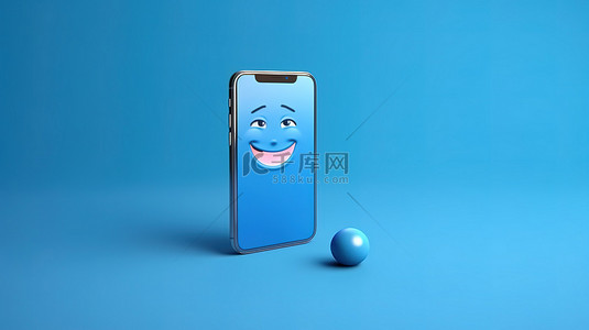 孤立的 3d 智能手机和蓝色背景表情符号手机模型照片