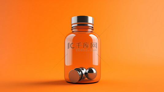 带有单色药瓶的橙色背景的 3D 渲染