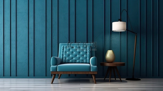 蓝色酒店背景图片_时尚现代客厅的 3D 渲染，配有木墙和蓝色织物扶手椅