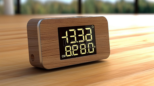 放置在抛光桌子上的木制太阳能数字闹钟的当代 3D 渲染