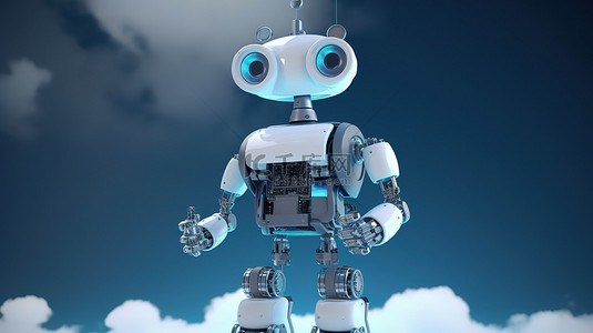 具有云计算和 3D 插图中先进技术图标的 AI 机器人