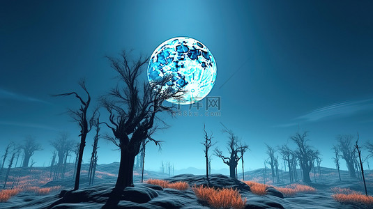 森林月亮夜晚背景图片_幽灵般的万圣节场景 3D 渲染满月盘旋在蓝天背景的山和树上