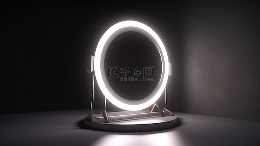 化妆品模特背景图片_三脚架上的圆形光环 3D 渲染工作室照明概念